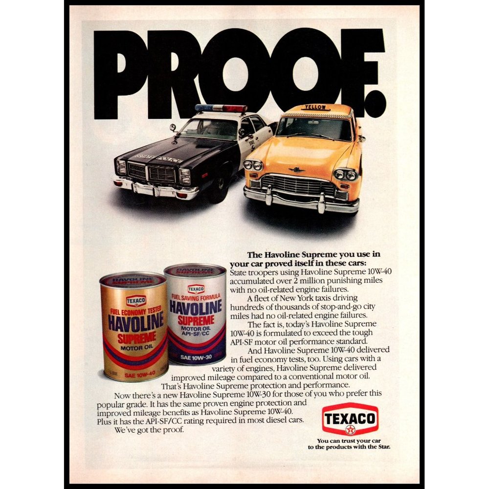 1981 Texaco Halvoline Motor Oil Vintage Print Ad Police Car Taxi Cab Wall Art